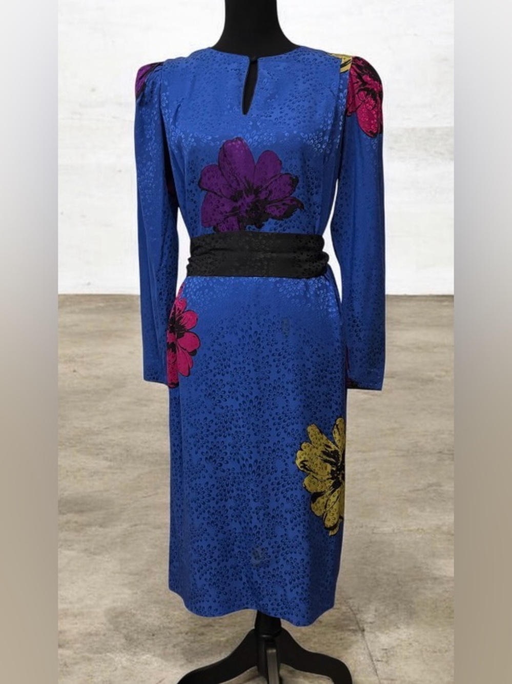 Royal Blue Vintage Long-Sleeve Floral Sheath Dress with Waist Tie - 100% Silk